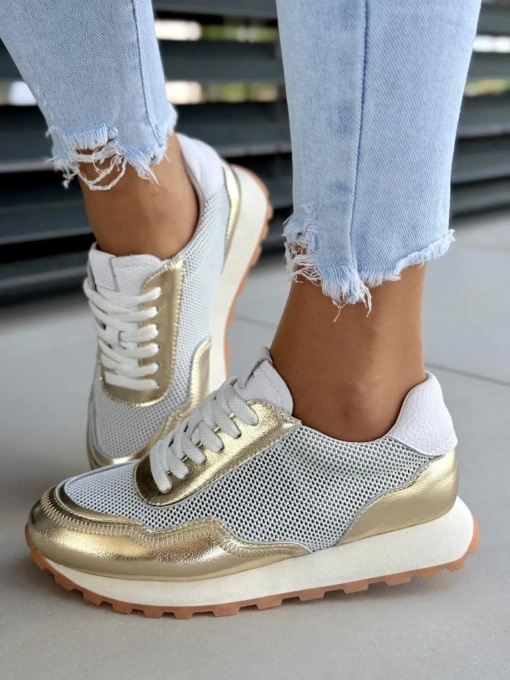 Sneakersy damskie  Złote skórzane półbuty ażurowe na platformie