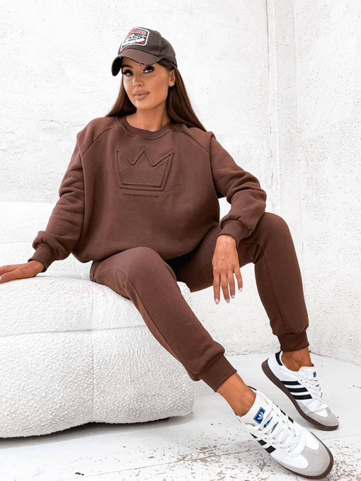 Komplet dresowy bluza + spodnie z naszywką korony -czekoladowy