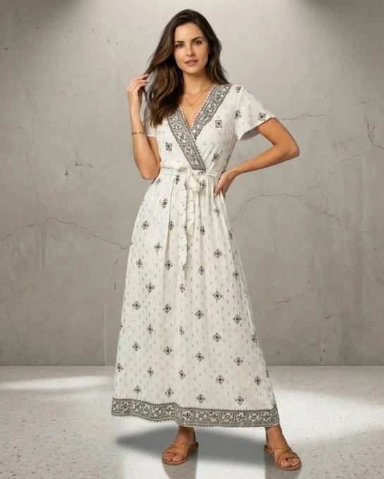 Biała sukienka maxi boho z orientalnym wzorem i dekoltem V - elegancka kreacja na lato