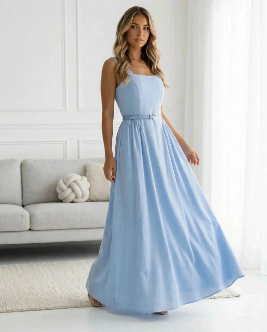 Sukienka Maxi Letnia na Ramiączkach z Paskiem Błękitna Bawełniana