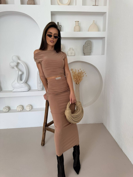 Elegancki kobiecy Komplet NUMB 2 w 1 spódnica+ top camel