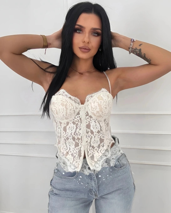 Gorset koronkowy damski kremowy elegancki top na ramiączkach do jeansów