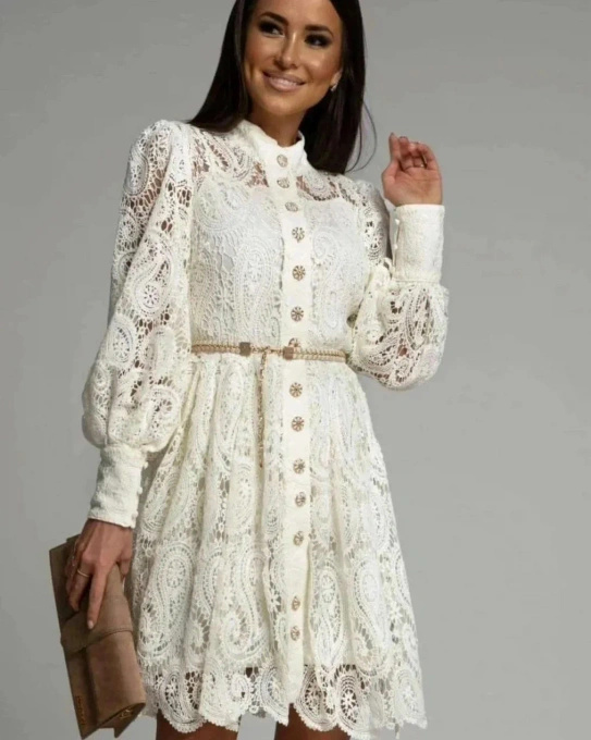 Elegancka sukienka koronkowa ecru midi z długim rękawem na wesele komunię
