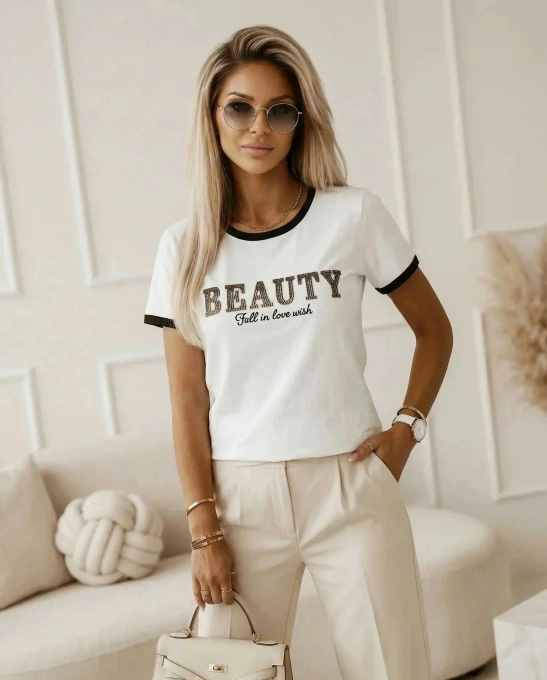 Bluzka damska bawełniana z kontrastowym wykończeniem krótki rękaw