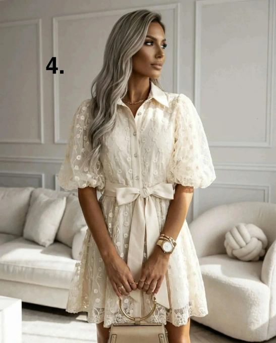 Elegancka sukienka koronkowa beżowa z bufiastymi rękawami na wesele komunię