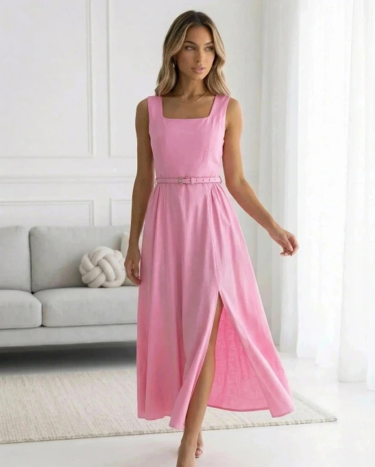 Sukienka Maxi Letnia na Ramiączkach z Paskiem Bawełniana Różowa Elegancka Damska