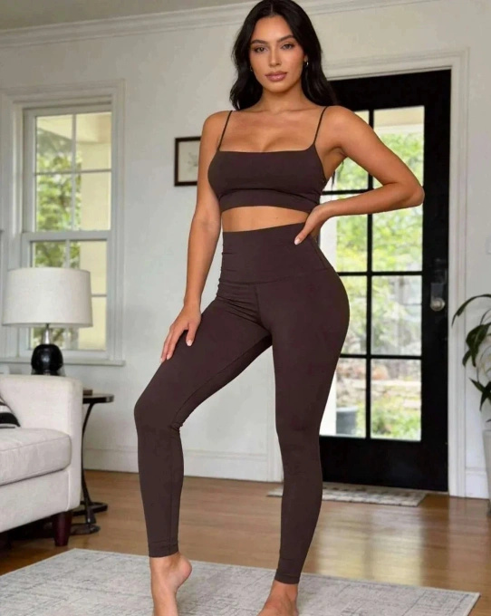 Legginsy Damskie Brązowe Push Up z Wysokim Stanem Modelujące Sylwetkę