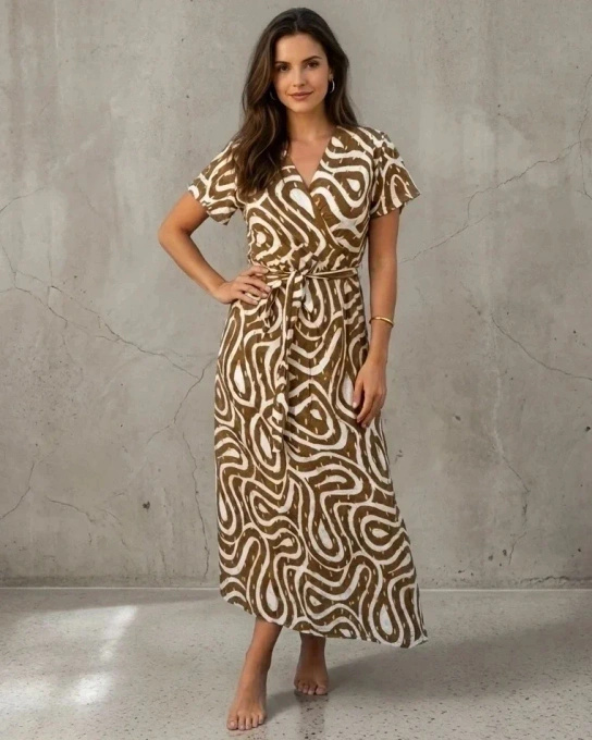 Sukienka Maxi Wiskozowa z Abstrakcyjnym Wzorem Beżowo-Brązowa Letnia Elegancka