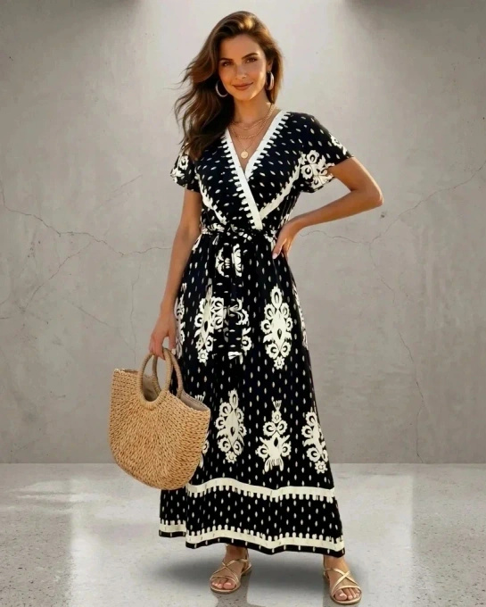 Sukienka Maxi Czarna z Białym Ornamentem Kopertowy Dekolt Wiązanie w Pasie Letnia Boho
