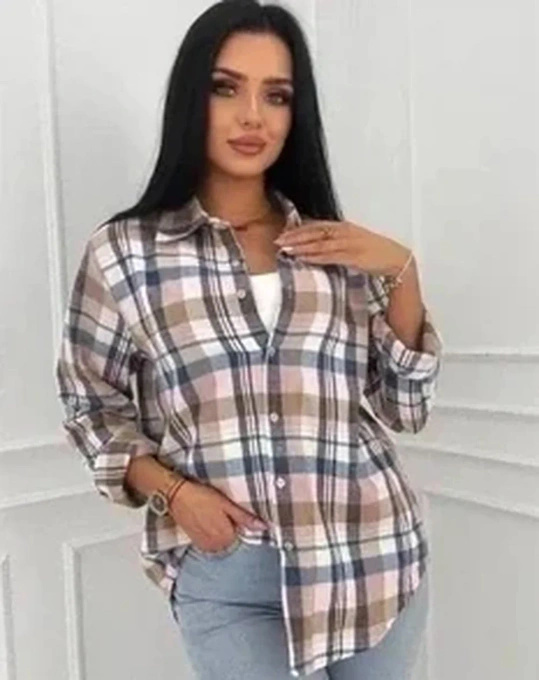 Koszula Flanelowa Damska w Kratę Oversize Luźna Casual Jesień Zima