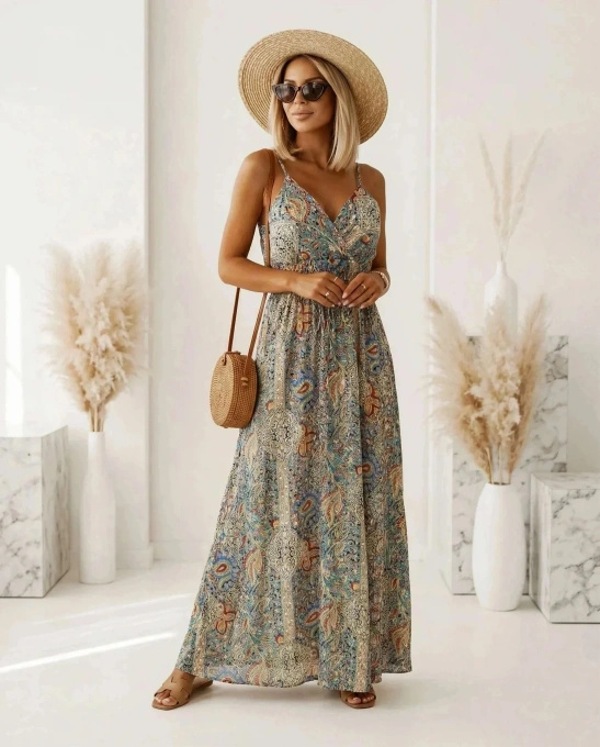 Sukienka Maxi Letnia Wielokolorowa Paisley na Ramiączkach Boho