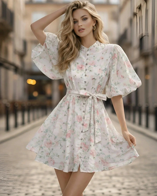 Sukienka w kwiaty rozkloszowana z bufiastymi rękawami i paskiem – zwiewna midi na lato