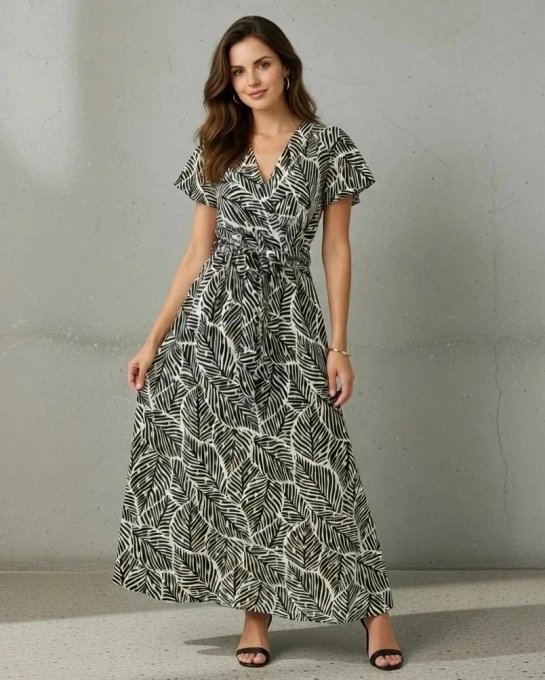 Sukienka Maxi Letnia w Liście Czarno-Biała z Dekoltem V i Wiązaniem w Talii