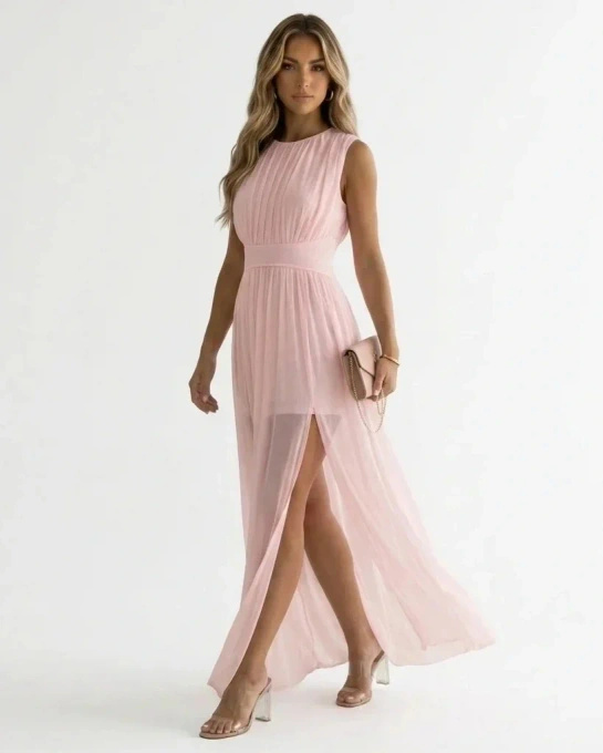 Sukienka Maxi Różowa Zwiewna na Wesele Lato Elegancka Plisowana SISTERS