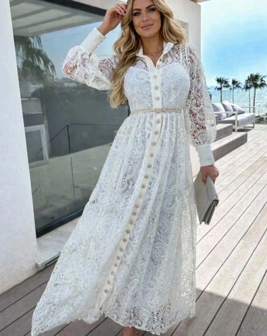 Sukienka koronkowa ecru maxi LACEWAVE elegancka na wesele komunię z guzikami