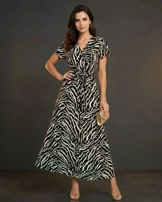 Sukienka Maxi Zebra Czarno-Biała Rozkloszowana z Dekoltem V na Lato 2026
