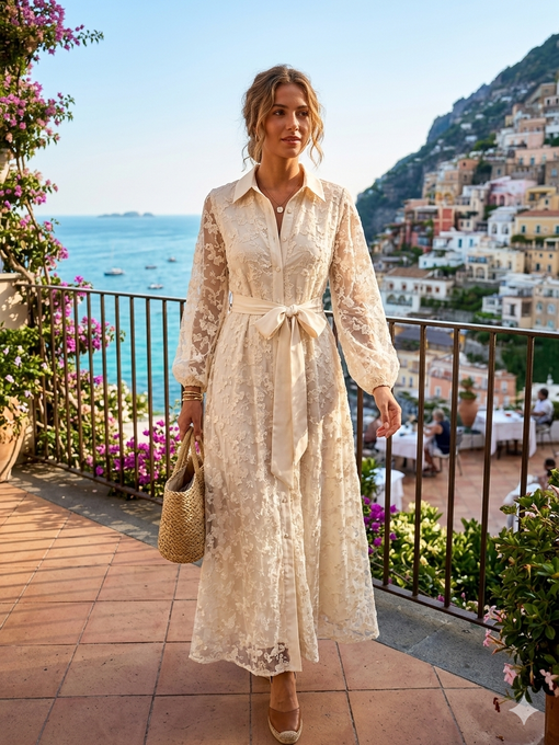 Kremowa Sukienka Maxi Koronkowa w Kwiaty z Bufiastymi Rękawami na Wesele