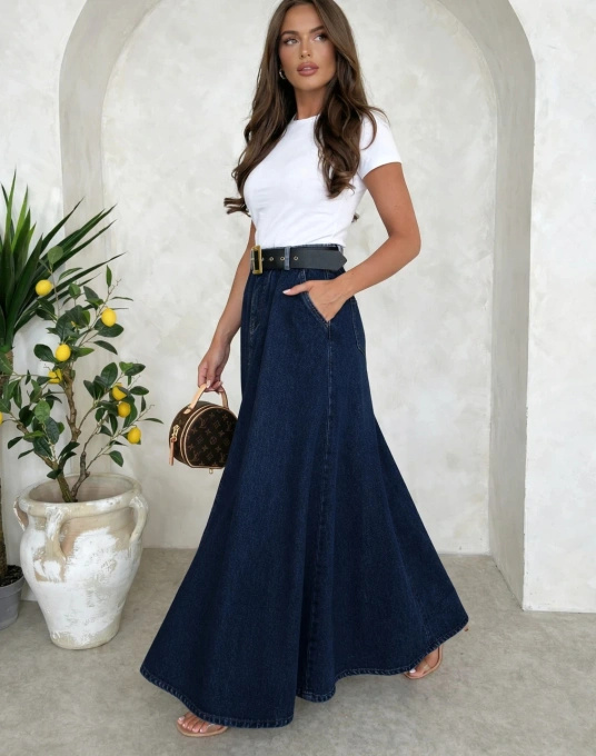 Spódnica Jeansowa Maxi LATIFAH - Rozkloszowana Spódnica Denim z Paskiem, Długa do Kostek