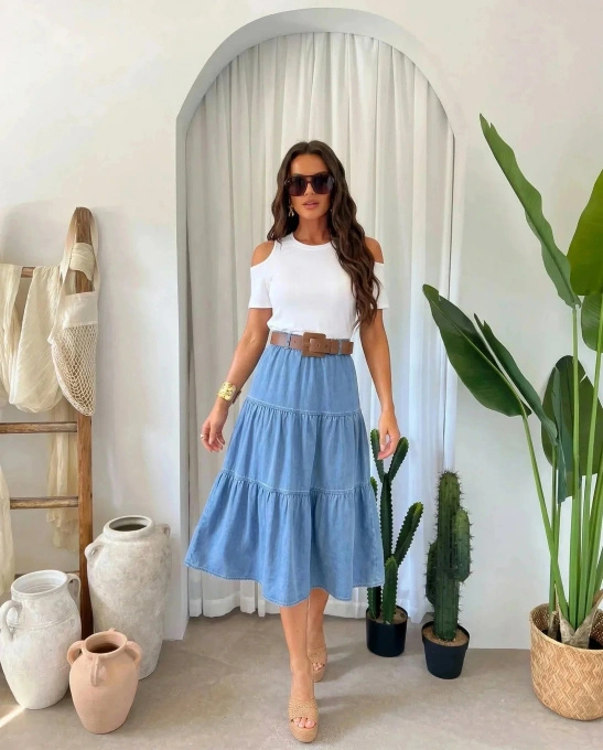 Spódnica Jeansowa Midi Rozkloszowana z Marszczeniami i Paskiem Damska CLASSY