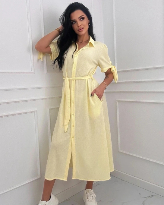 Sukienka koszulowa midi żółta z paskiem i kieszeniami - letnia elegancja damska