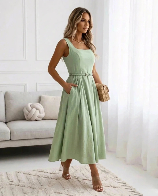 Sukienka Maxi Letnia na Ramiączkach z Paskiem Elegancka Bawełniana Rozkloszowana