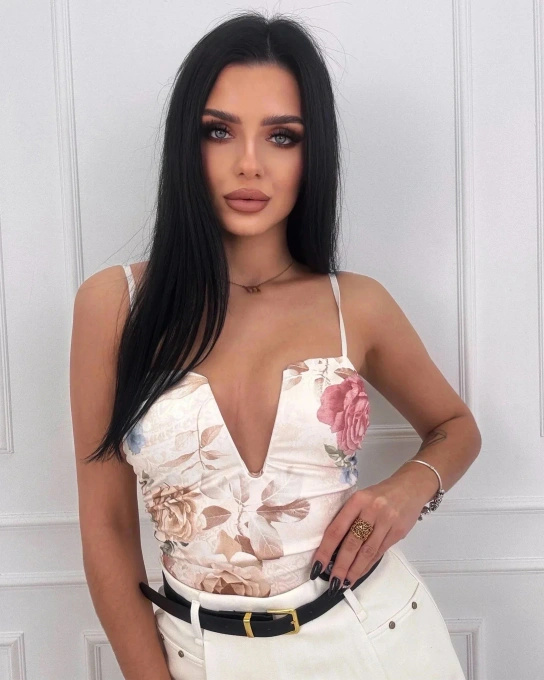 Body damskie w kwiaty z głębokim dekoltem V na ramiączkach eleganckie beżowe