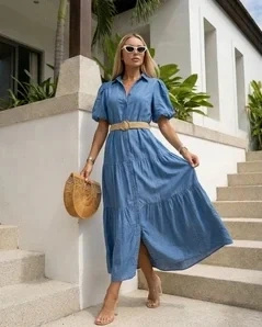 Sukienka jeansowa midi koszulowa z guzikami i paskiem na wiosnę lato FLAIR