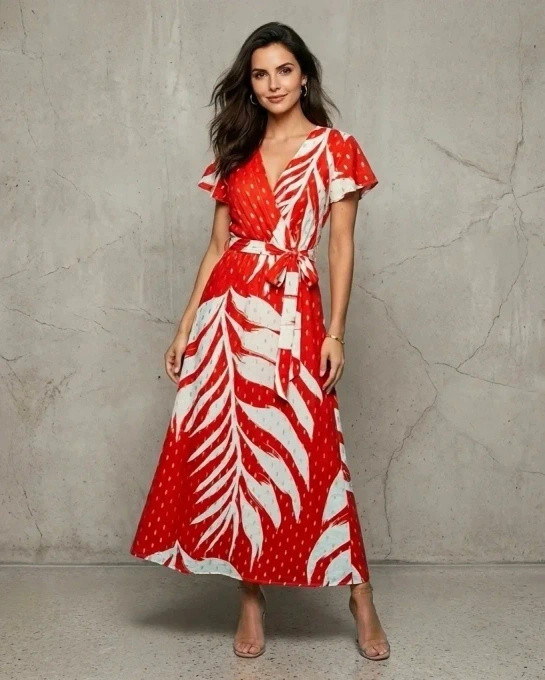 Sukienka midi czerwona z tropikalnym nadrukiem liści palmowych wiązanie w talii lato 2025